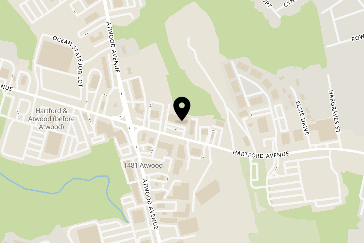 Map showing the location of Baylee Cuisine & Bar on 1369 Hartford Ave in Johnston
